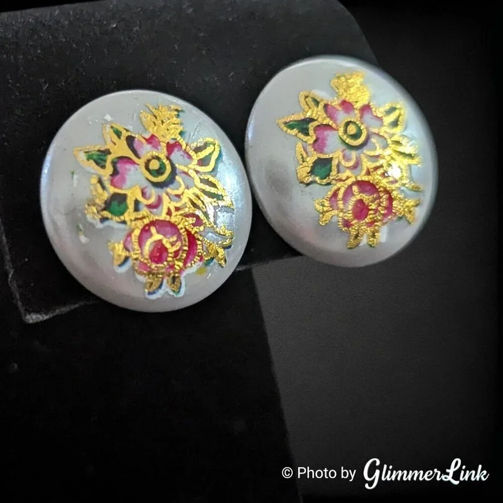 Vintage 70s Tensha Style Stud Earrings Pearled Gray Dome with Pink Gold Flowers